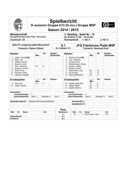 FV Steinfeld/Hausen-Rohrbach Vorrunden-Spiele 2015/16