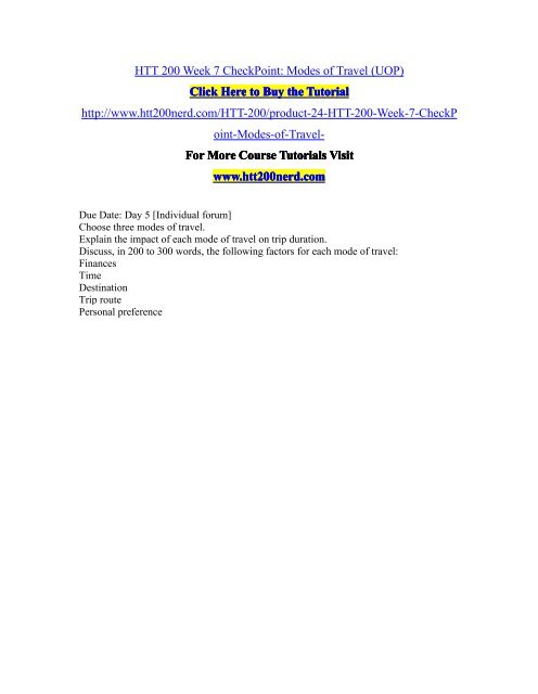 HTT 200 Week 7 CheckPoint Modes of Travel (UOP)/HTT200nerddotcom