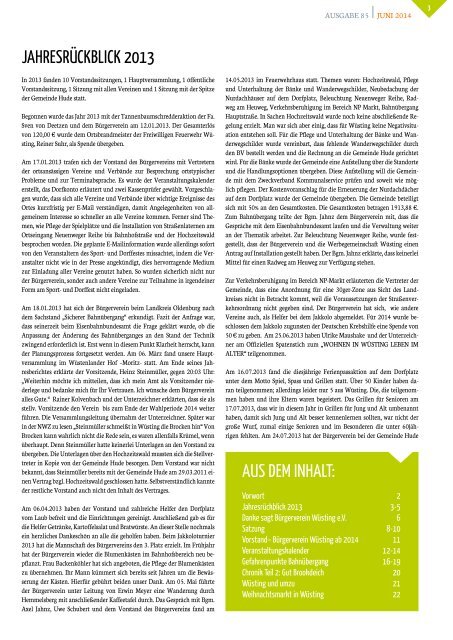 BÜRGERBRIEF Ausgabe 85 - Juni 2014 - Vereinsheft vom Bürgerverein Wüsting e.V.