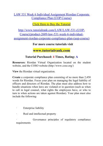 LAW 531 Week 6 Individual Assignment Riordan Corporate Compliance Plan (UOP Course)/TutorialRank