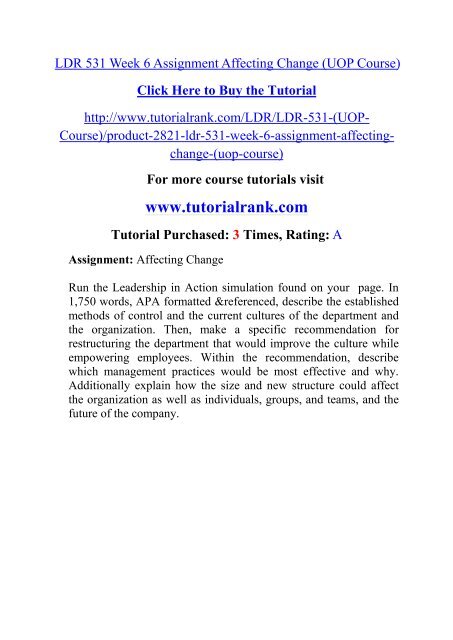 LDR 531 Week 6 Assignment Affecting Change (UOP Course)/TutorialRank