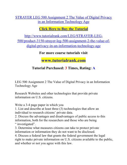 STRAYER LEG 500 Assignment 2 The Value of Digital Privacy in an Information Technology Age(Uop)/TutorialRank