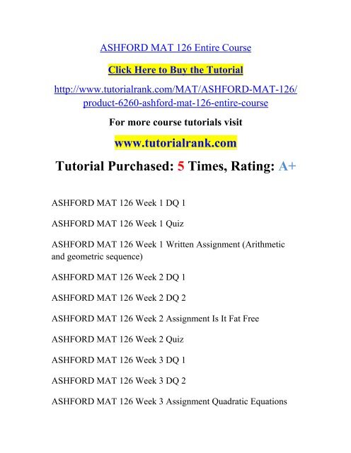 ASHFORD MAT 126 Entire Course/TutorialRank