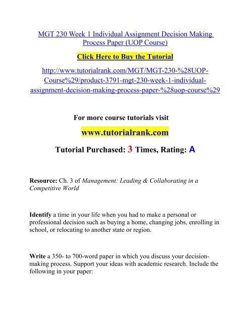 MGT 230 Week 1 Individual Assignment Decision Making Process Paper/TutorialRank