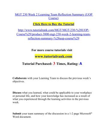 MGT 230 Week 2 Learning Team Reflection Summary Course(Uop)/TutorialRank