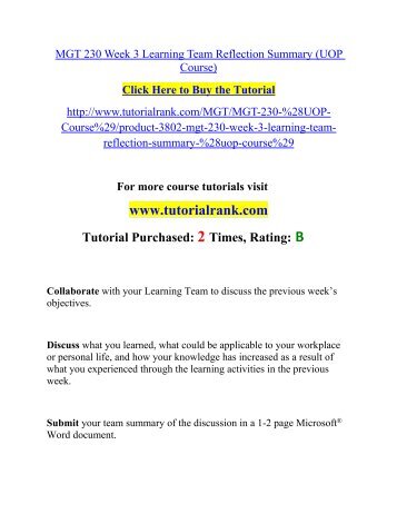 MGT 230 Week 3 Learning Team Reflection Summary Course(Uop)/TutorialRank