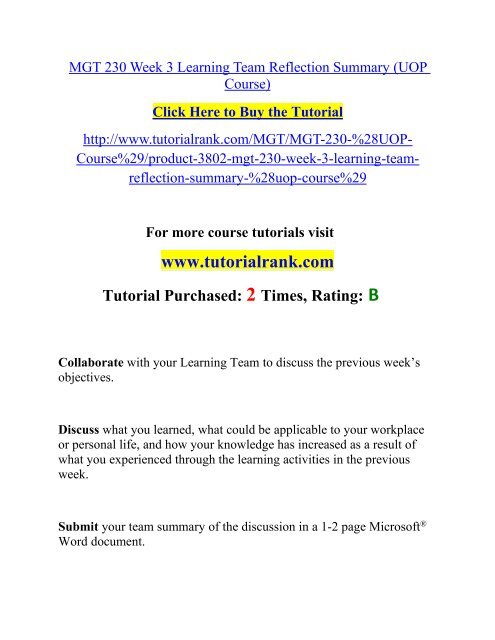 MGT 230 Week 3 Learning Team Reflection Summary Course(Uop)/TutorialRank