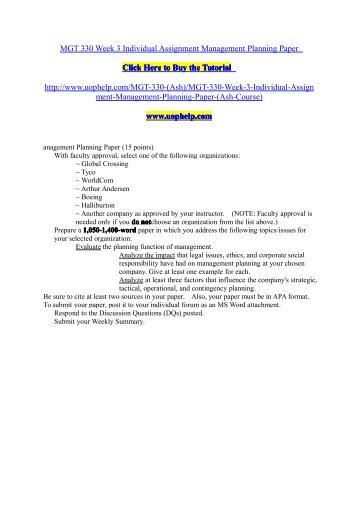 MGT 330 Week 3 Individual Assignment Management Planning Paper