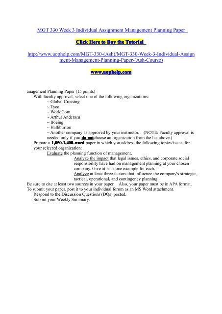 MGT 330 Week 3 Individual Assignment Management Planning Paper