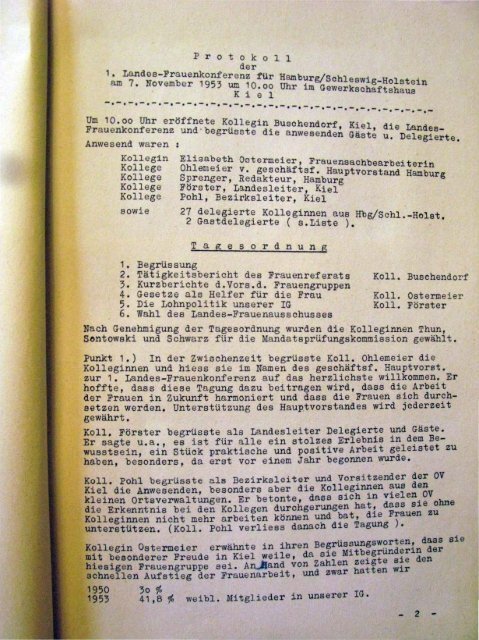 Protokoll der 1. Landesfrauenkonferenz für Hamburg/Schleswig-Holstein, Kiel, 7. November 1953.