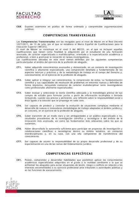 COMPETENCIAS DEL MÁSTER UNIVERSITARIO DE ACCESO A LA PROFESIÓN DE ABOGADO