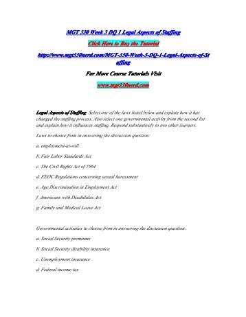 MGT 330 Week 3 DQ 1 Legal Aspects of Staffing/MGT330nerddotcom