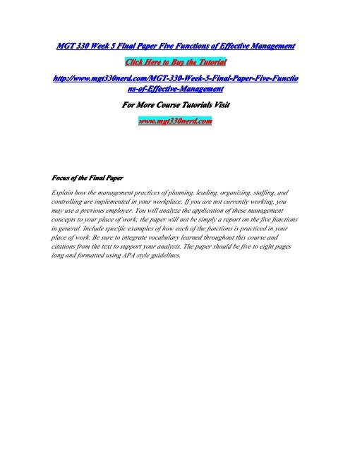 MGT 330 Week 5 Final Paper Five Functions of Effective Management/MGT330nerddotcom