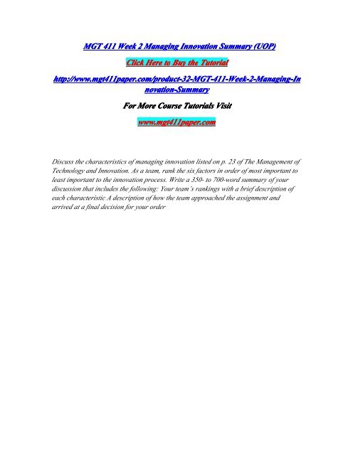 MGT 411 Week 2 Managing Innovation Summary (UOP)/MGT411paperdotcom