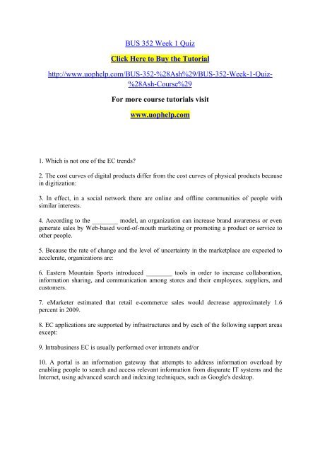 BUS 352 Week 1 Quiz/uophelp