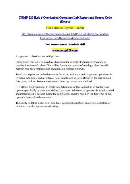 COMP 220 iLab 6 Overloaded Operators Lab Report and Source Code (Devry) / comp220dotcom