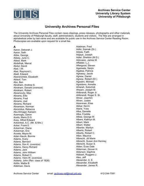 University Archives Personal Files - University of Pittsburgh