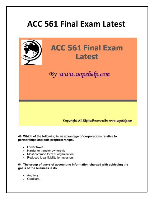 ACC 561 Final Exam Latest Course Tutorials UOP eHelp 