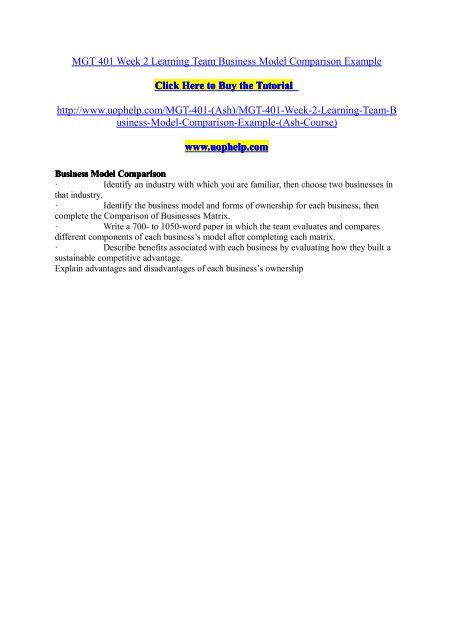 MGT 401 Week 2 Learning Team Business Model Comparison Example