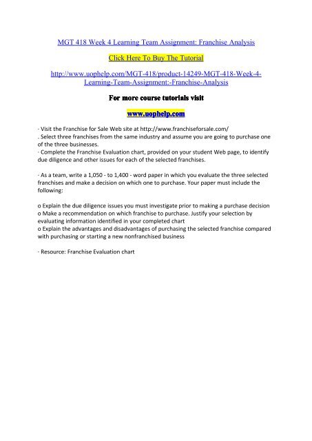 MGT 418 Week 4 Learning Team Assignment Franchise Analysis