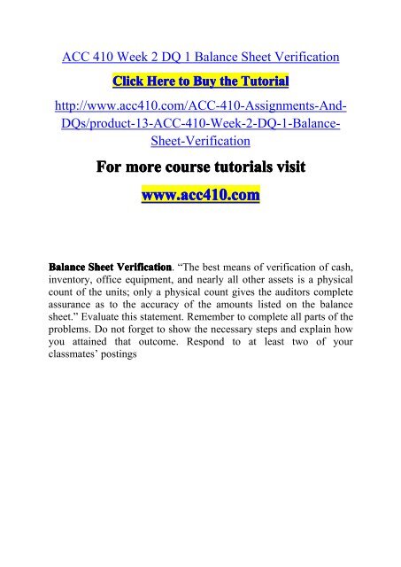 ACC 410 Week 2 DQ 1 Balance Sheet -acc410dotcom