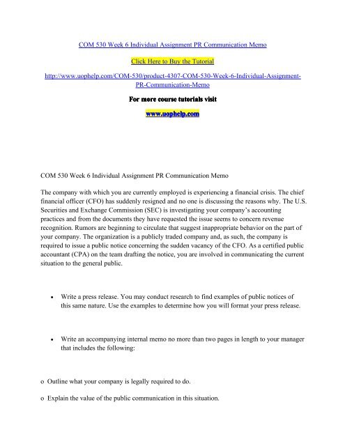 COM 530 Week 6 Individual Assignment PR Communication Memo