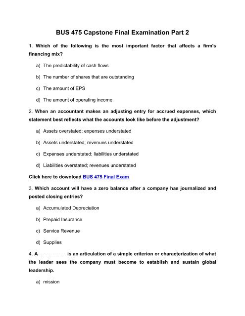 BUS 475 Capstone Final Exam Part 2 UOP Complete Assignment