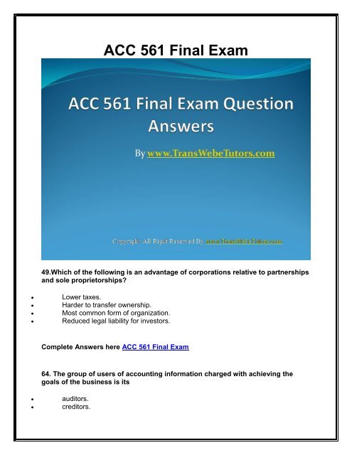 ACC 561 Final Exam Latest UOP Assignments