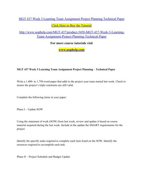 MGT 437 Week 3 Learning Team Assignment Project Planning Technical Paper
