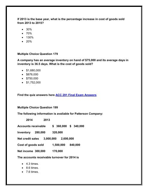 ACC 291 Final Exam Question Answers