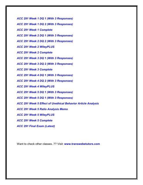 ACC 291 Final Exam Question Answers