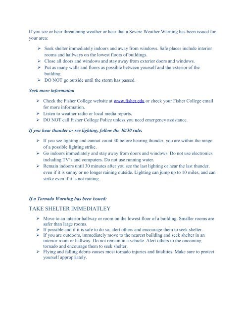 Fisher College On-Campus Emergency Reference Guide