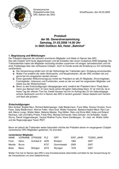 Protokoll GV 2008 SRC - Schweizerischer Rottweiler Club