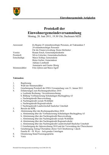 Protokoll der Einwohnergemeindeversammlung - Aetigkofen