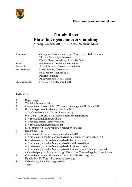 Protokoll der Einwohnergemeindeversammlung - Aetigkofen