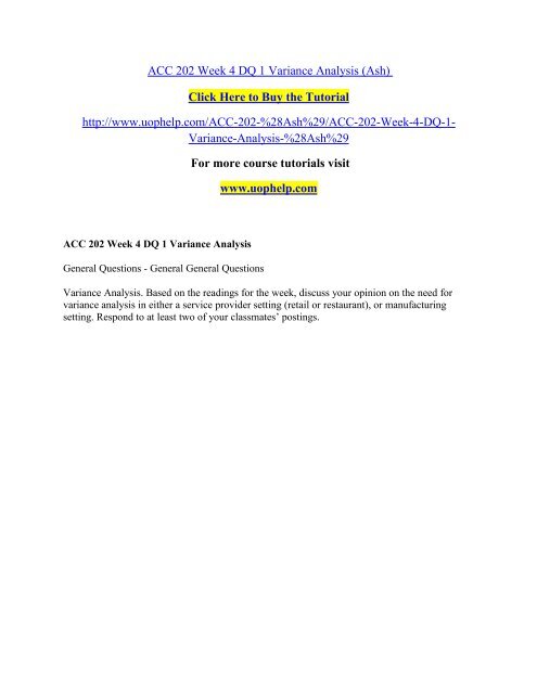 ACC 202 Week 4 DQ 1 Variance Analysis/ UOPHELP
