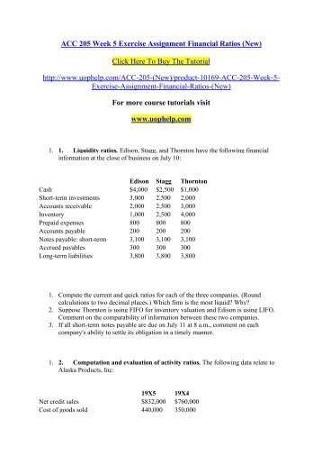 ACC 205 Week 5 Exercise Assignment Financial Ratios/ UOPHELP