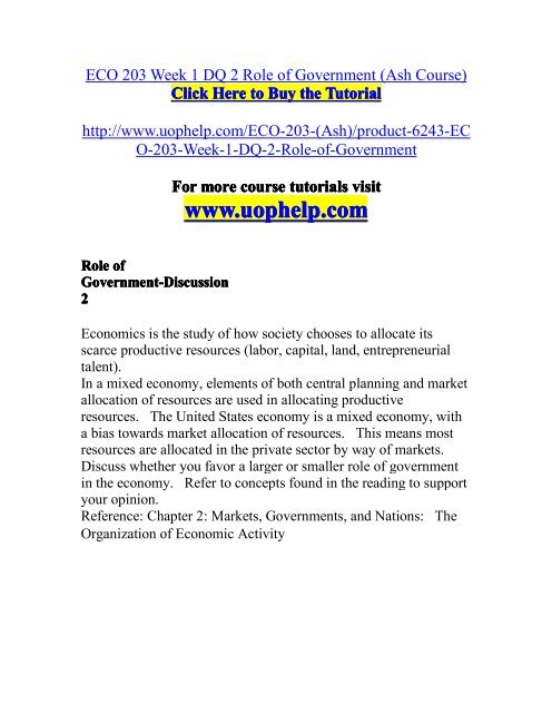 ECO 203 Week 1 DQ 2 Role of Government (Ash Course)/uophelp