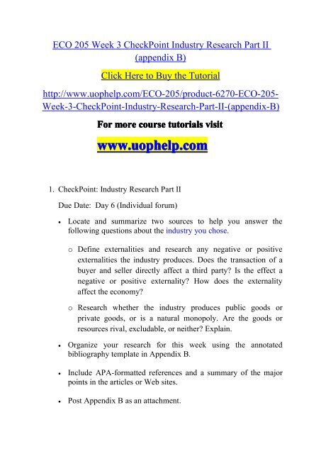 ECO 205 Week 3 CheckPoint Industry Research Part II (appendix B)/uophelp