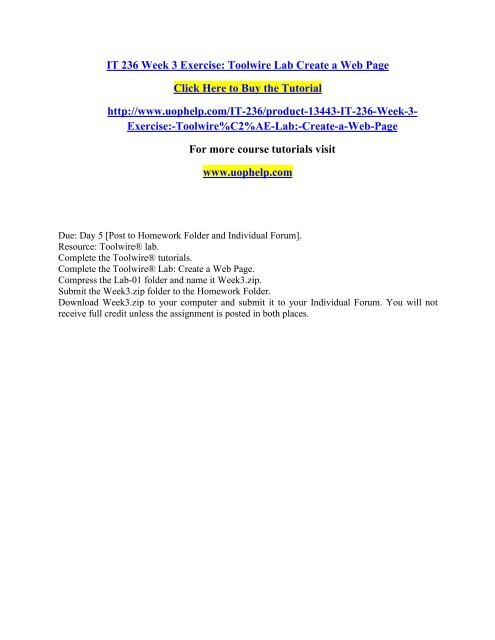 IT 236 Week 3 Exercise Toolwire Lab Create a Web Page/uophelp