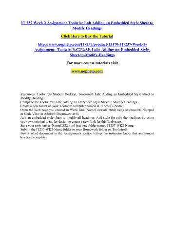 IT 237 Week 2 Assignment Toolwire Lab Adding an Embedded Style Sheet to Modify Headings/uophelp