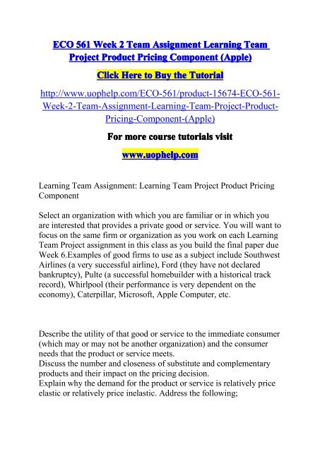 ECO 561 Week 2 Team Assignment Learning Team Project Product Pricing Component/UOPHELP