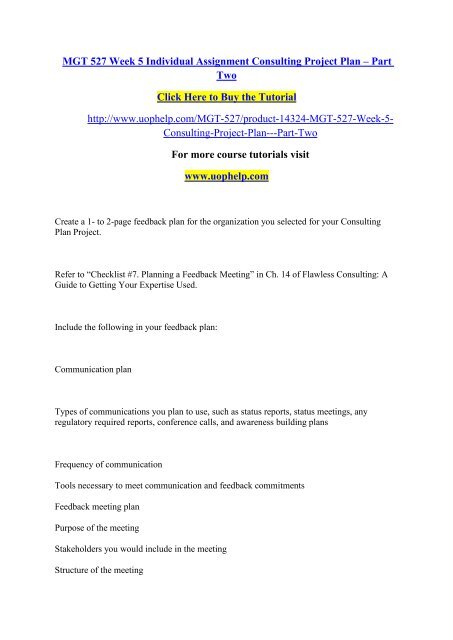 MGT 527 Week 5 Individual Assignment Consulting Project Plan – Part Two