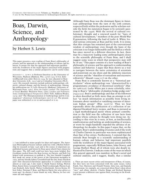 Boas, Darwin, Science, and Anthropology1 - Department of ...