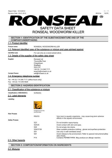 SAFETY DATA SHEET RONSEAL WOODWORM KILLER - Toolbank