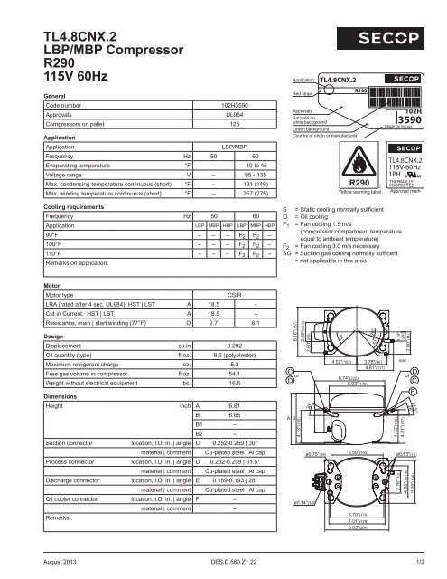 TL4.8CNX.2 LBP/MBP Compressor R290 115V 60Hz - Secop