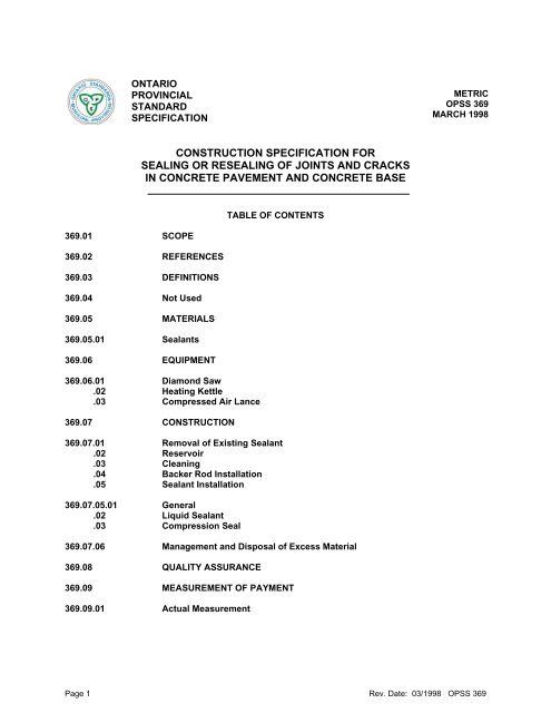 construction specification for sealing or resealing of joints ... - Ontario