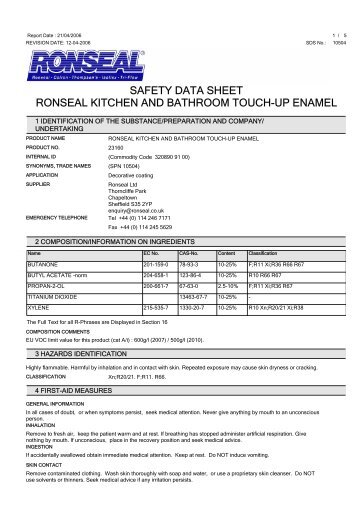 safety data sheet ronseal kitchen and bathroom touch-up ... - Toolbank