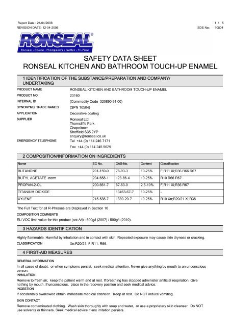 safety data sheet ronseal kitchen and bathroom touch-up ... - Toolbank