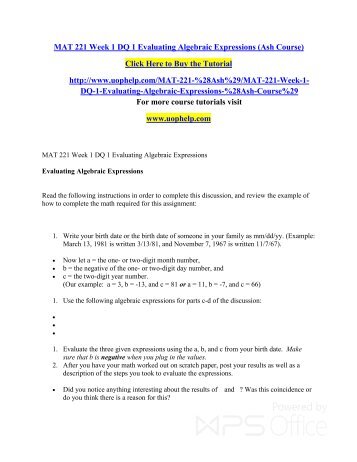 MAT 221 Week 1 DQ 1 Evaluating Algebraic Expressions (Ash Course)/uophelp